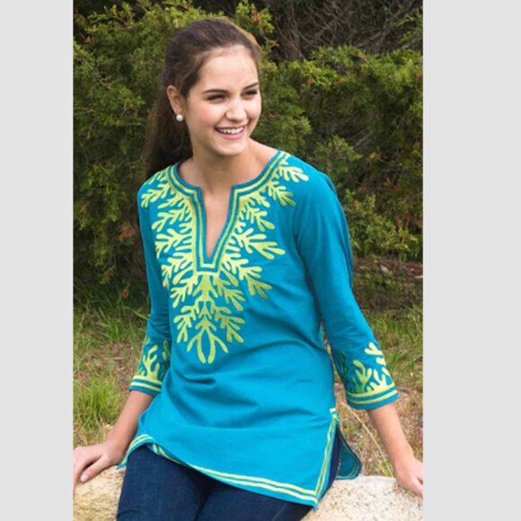 Gretchen Scott Designs The Reef Tunic in Turquoise with Lime Green - Picture 1 of 12